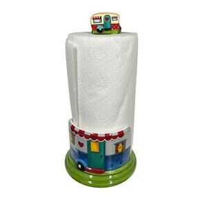 LTD COMMODITIES RV Paper Towel Holder Camping Happy Camper Ceramic Wood Retro